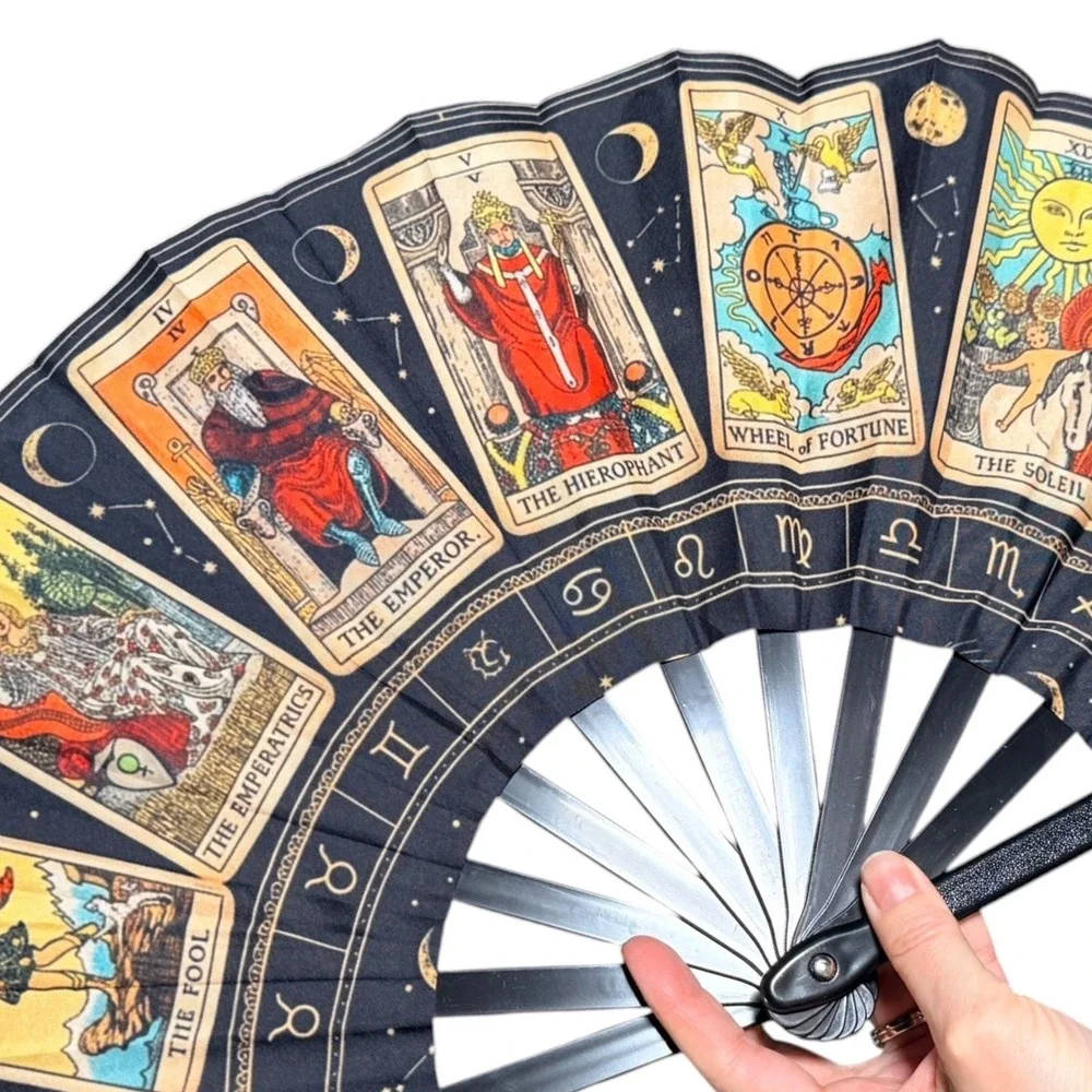 Tarot Cards Accordion Hand Fan Celestial Zodiac Black colorful folding Fan 13x24